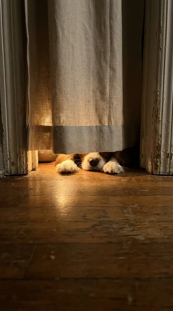 Spaniel peeking from a closet dog den with a linen curtain and a warm puck light glowing inside