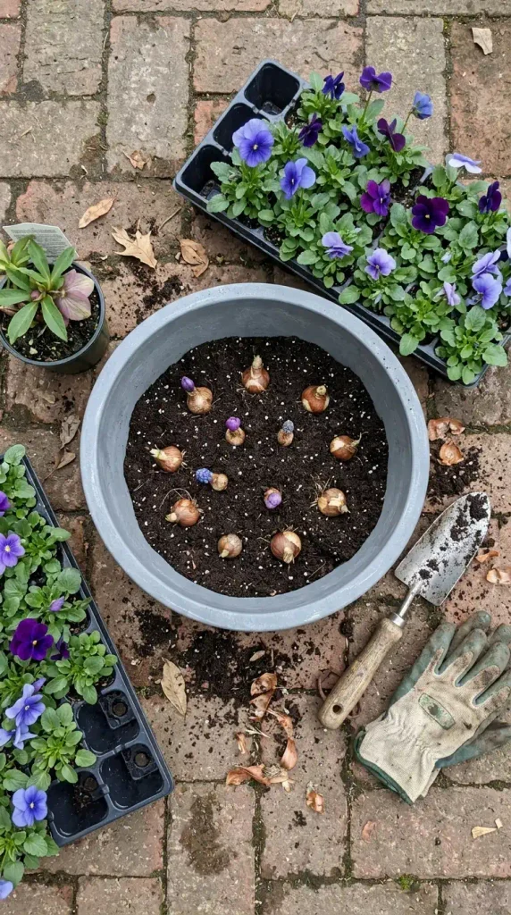 Spring bulbs set in a fall planter with pansies and a hellebore ready to layer on top