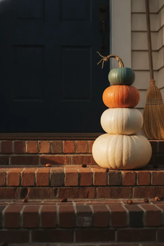 Stacked heirloom and teal pumpkins beside a navy door as Halloween front door decor