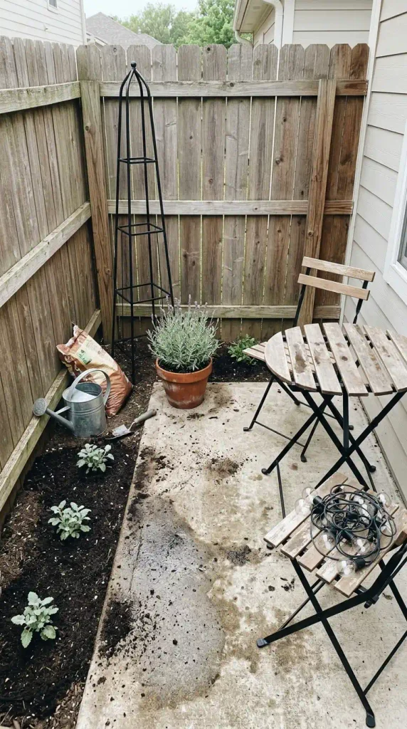 Starter cottage corner with a folding bistro set, metal obelisk, lavender, and catmint plugs on a patio