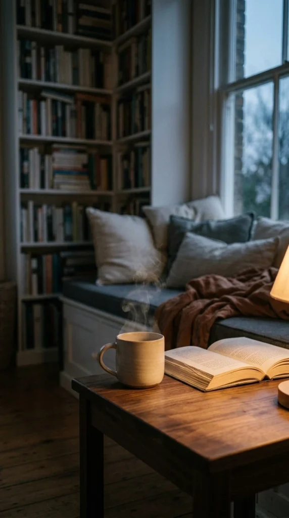 Steaming mug under a warm 2700K lamp in a dim reading corner
