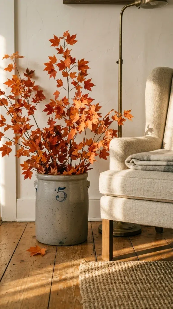 Stoneware crock filled with tall maple branches beside a reading chair for vintage autumn decor