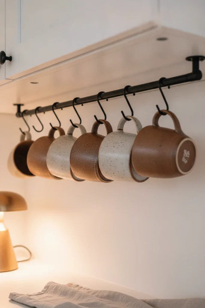 Stoneware mugs hanging on S-hooks under a cabinet at a small home coffee station