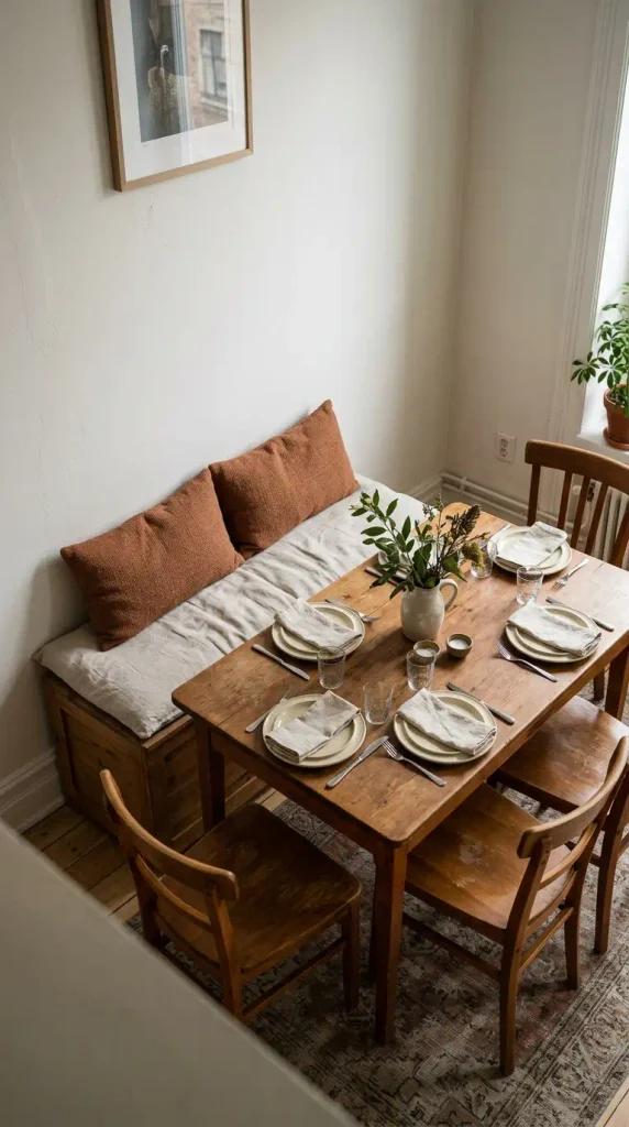 Storage bench against the wall seating extra guests at a small Thanksgiving table