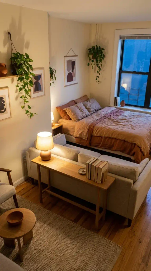 Studio apartment with the sofa back dividing the living area from the bed