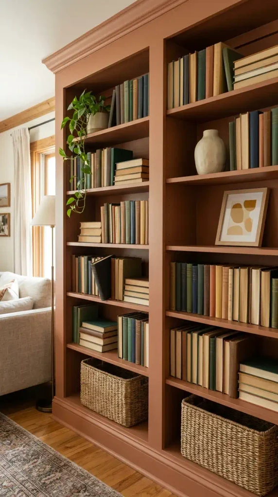 Styled built-in bookshelves with book stacks, baskets, and a vase in a library lounge
