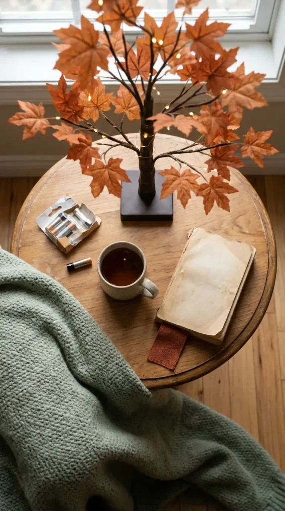 Tabletop fall tree with battery lights on a side table beside a mug and paperback
