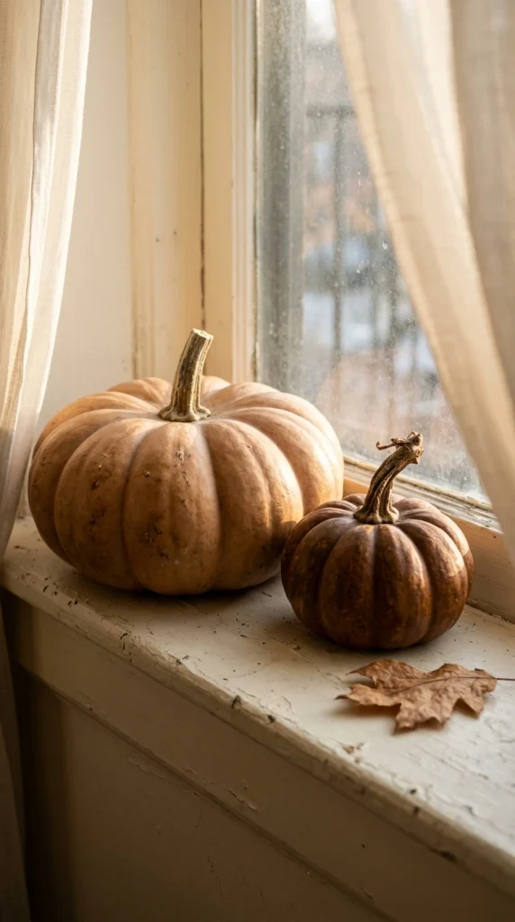 Tan and deep-ribbed heirloom pumpkins on an apartment windowsill in golden hour light