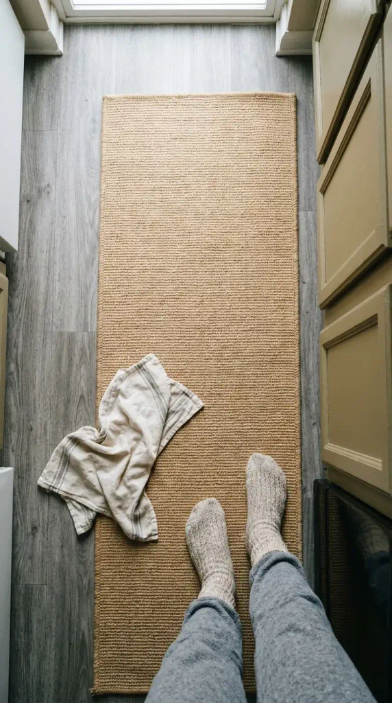 Tan jute-look washable runner over gray plank floor in a warm neutral galley kitchen