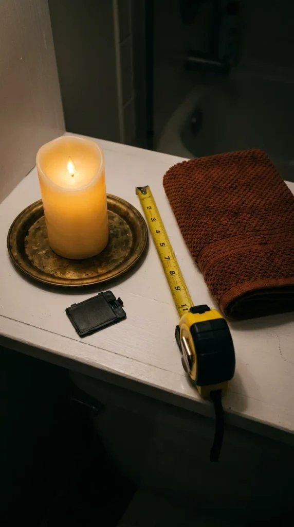Tape measure showing 12 inches between an LED candle and a towel on a bathroom shelf