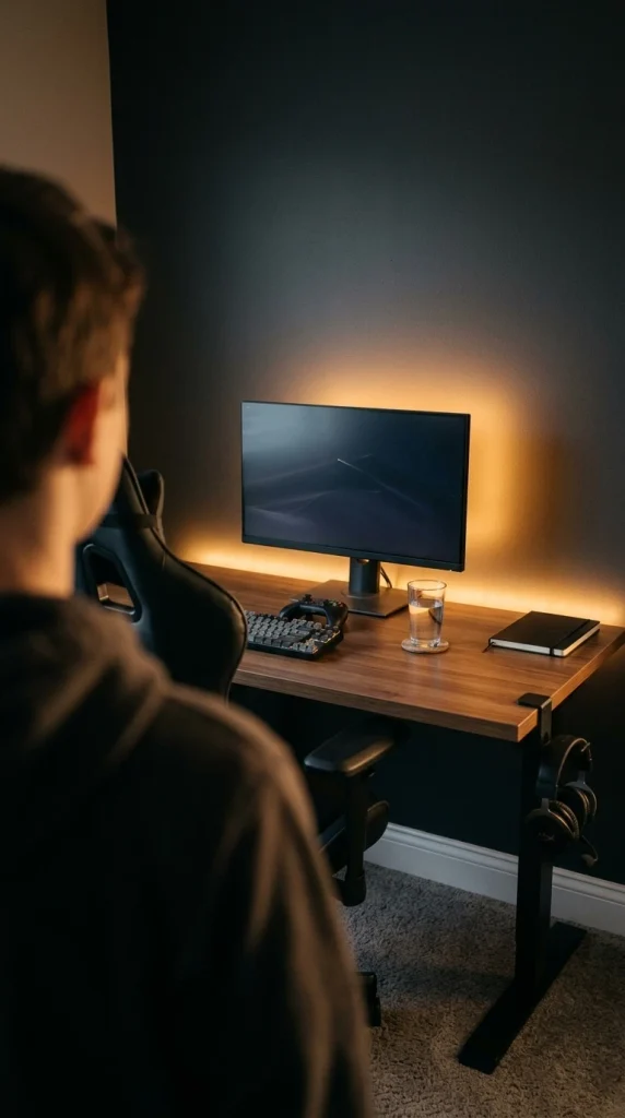 Teen boy room gaming desk at night with one amber LED glow and hidden cables