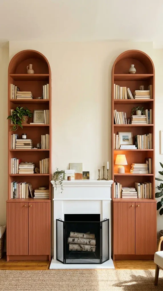 Terracotta arched built-in bookshelves around a white fireplace with ribbed lower doors