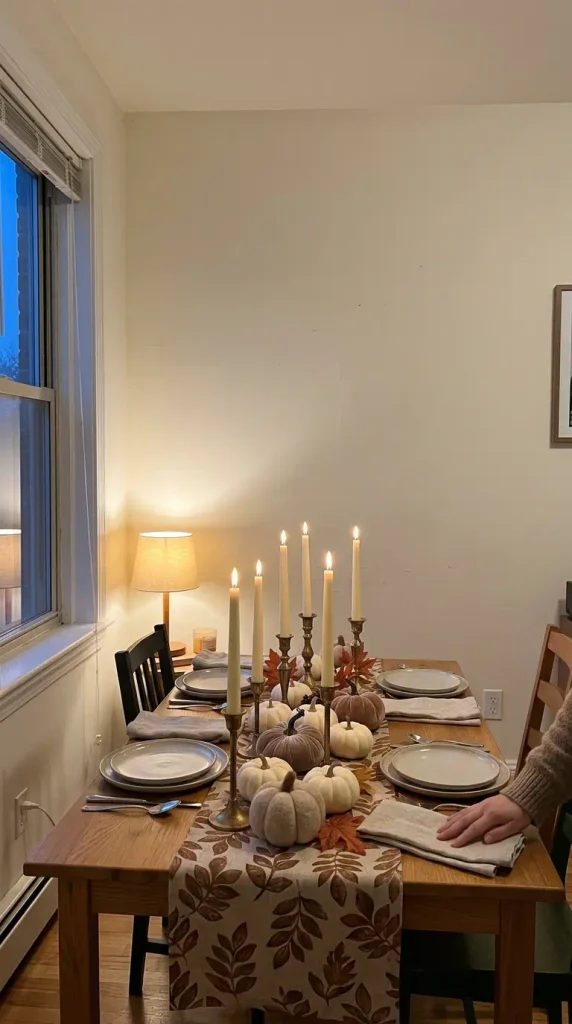 Thanksgiving decor on a budget: small dining table with flameless tapers, white mini pumpkins and a leaf print runner