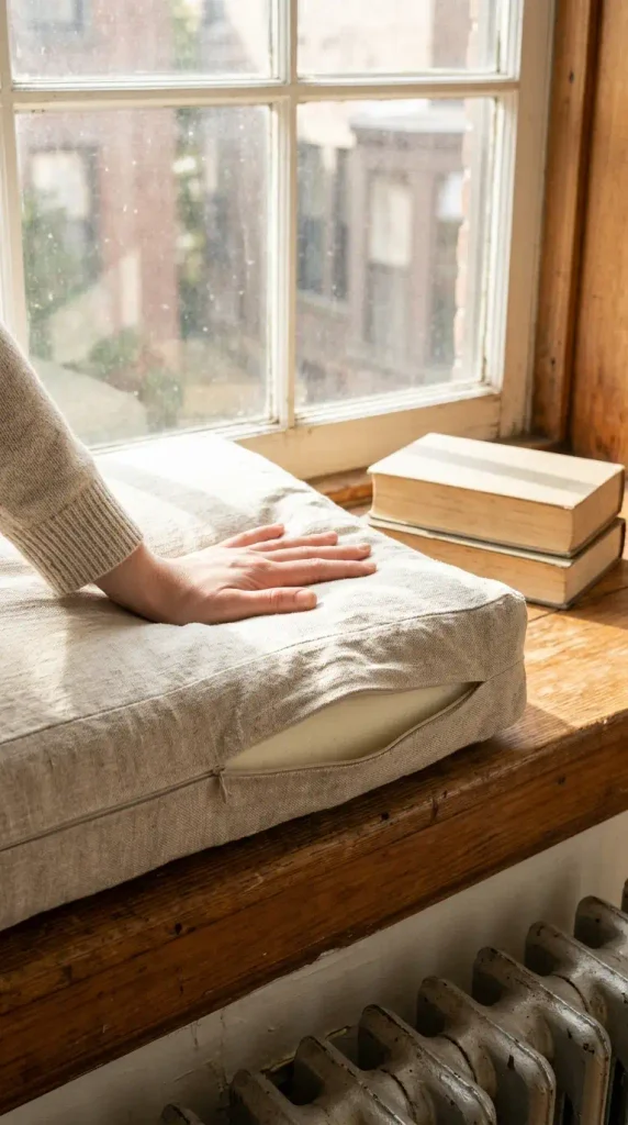 Thick foam window sill cushion in a linen cover, pressed by a hand to show how firm it stays