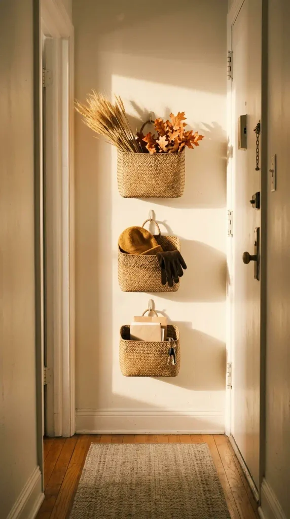 Three flat woven fall baskets hung in a line on a narrow apartment entry wall