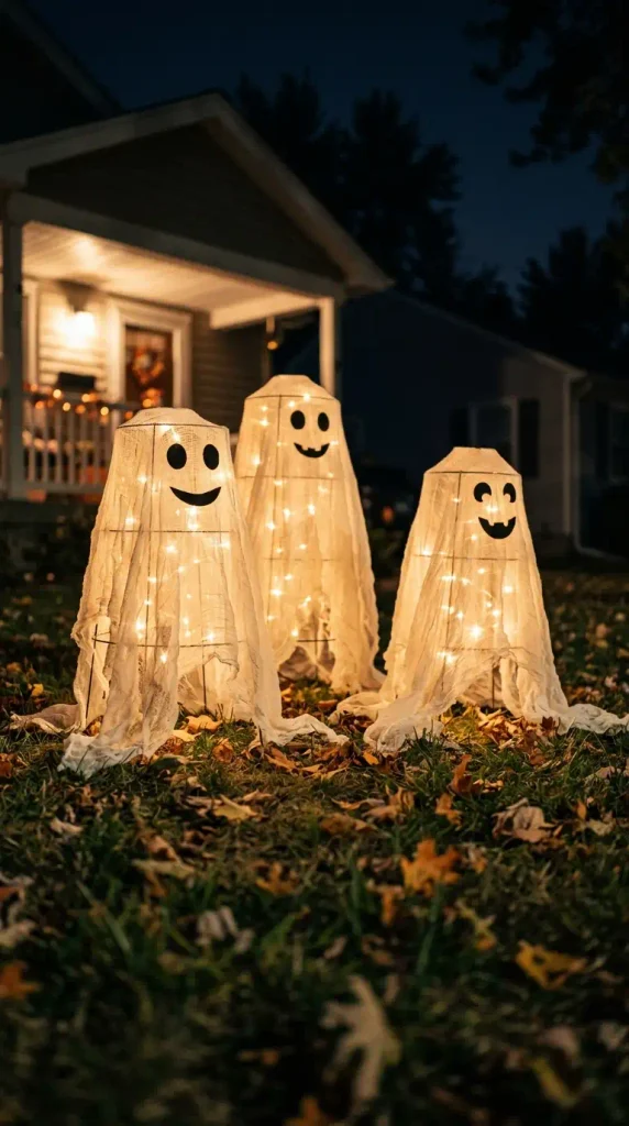 Three smiling tomato cage ghosts glowing on a front lawn at night, an easy DIY Halloween yard decoration