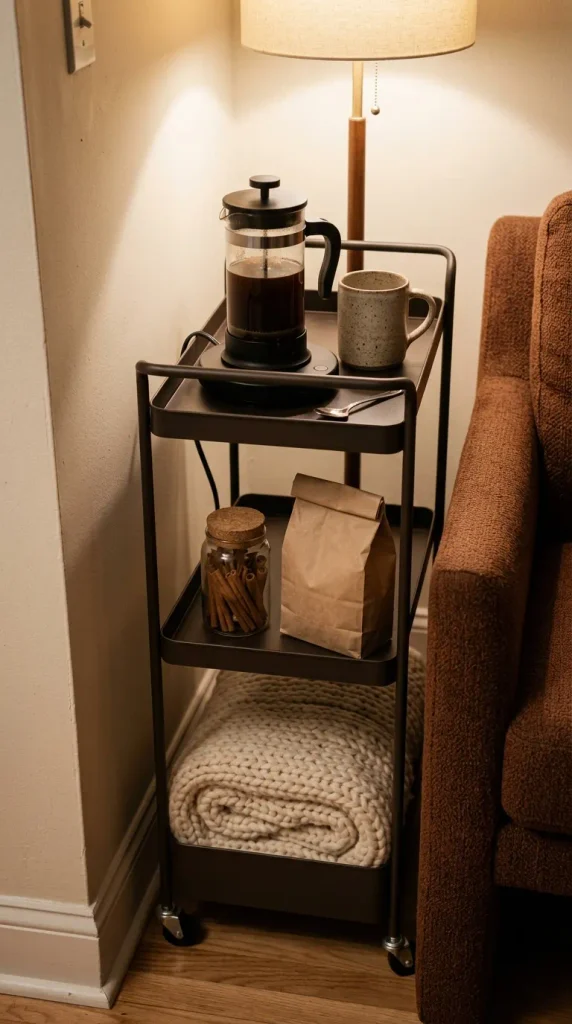 Three-tier rolling cart set up as a fall coffee station with a French press and mug warmer