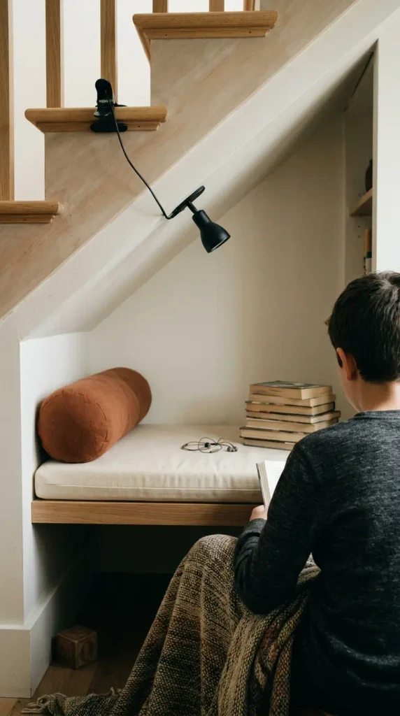 Tween reading in a former under the stairs playroom with a bench cushion and clip-on light