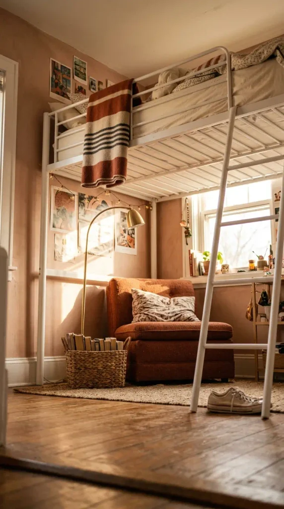 Twin loft bed with a reading chair and lamp underneath in a small bedroom