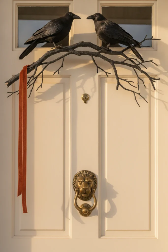 Two black crows on a black branch swag above a brass knocker on a cream Halloween front door