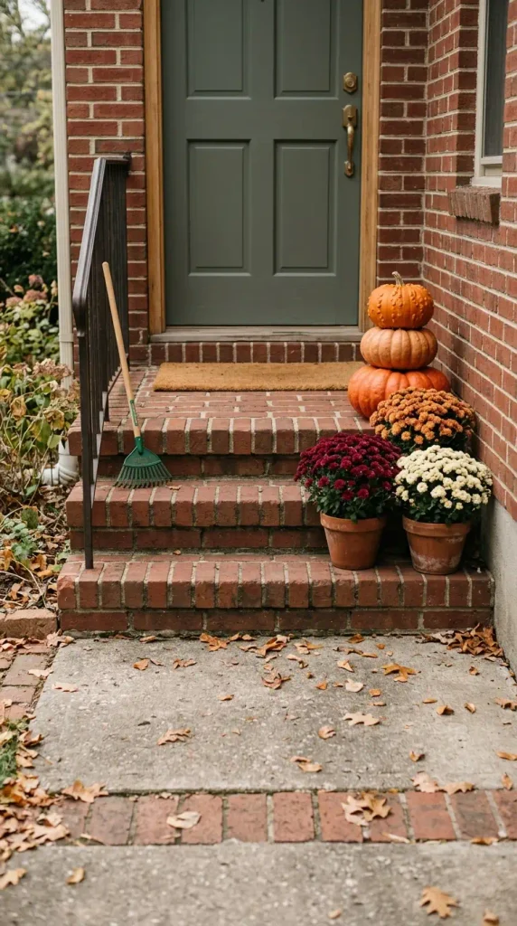 Two potted mums and three stacked pumpkins on a small stoop as budget fall door decor