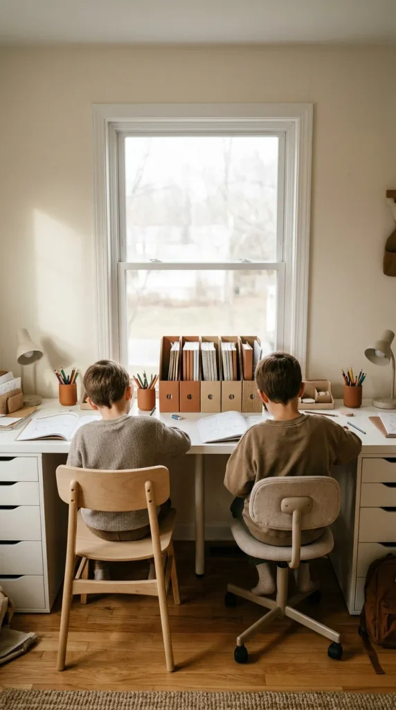 Two siblings sharing one long homework desk split by a row of magazine files