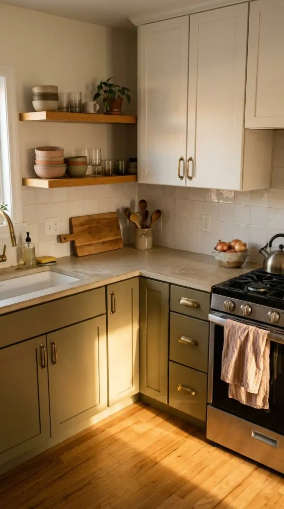 Two-tone warm neutral kitchen cabinets with khaki lowers and warm white uppers in golden hour light