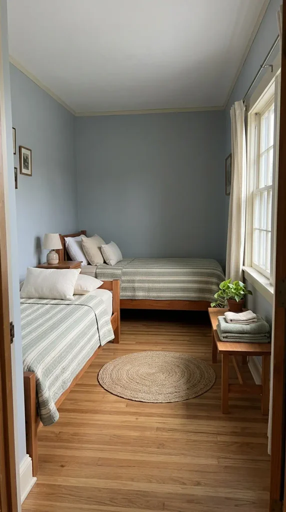 Two twin beds in an L-shape layout opening up the floor of a small guest bedroom