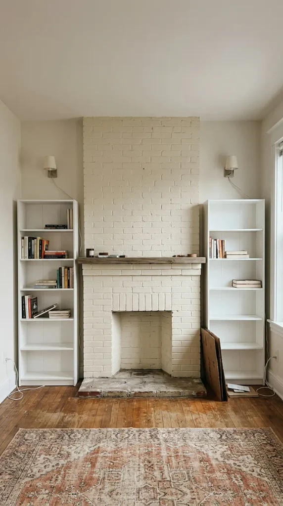 Two white bookcases flanking a cream painted brick fireplace in morning light, a budget fireplace bookshelf setup