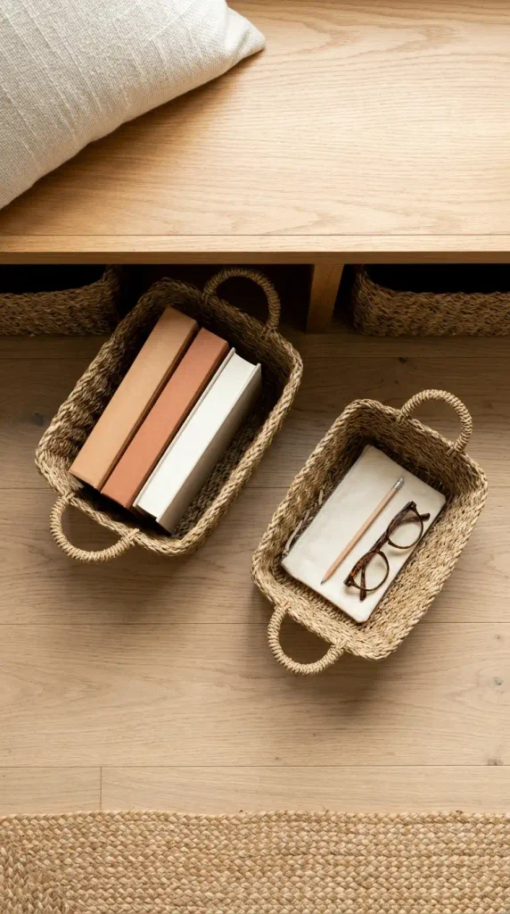 Two woven baskets of books pulled out from under a window bench, shot from above