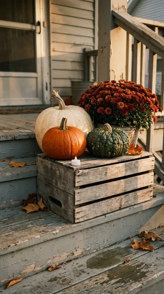Uncarved pumpkins raised on a wooden crate beside mums on fall porch steps