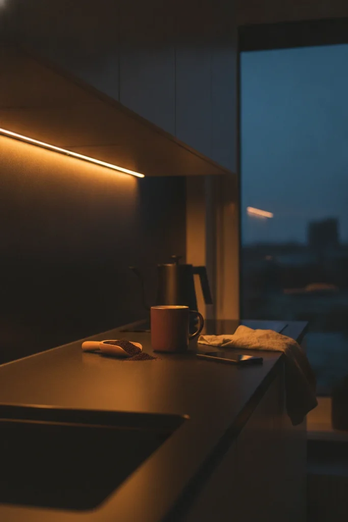 Under-cabinet lights glowing warm over a home coffee stations before sunrise