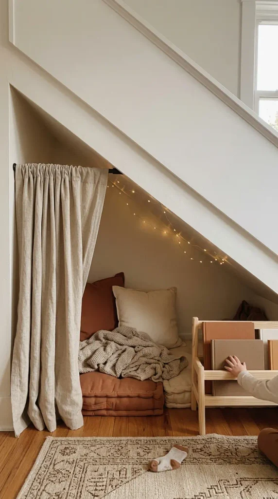 Under the stairs playroom with a linen curtain, warm string lights, floor cushions, and a low book display