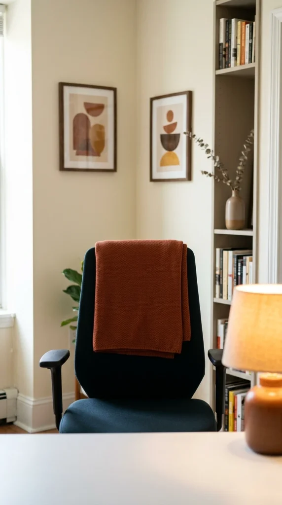 Video call background with fall office decor ideas: a dried branch, warm lamp, and throw on a chair
