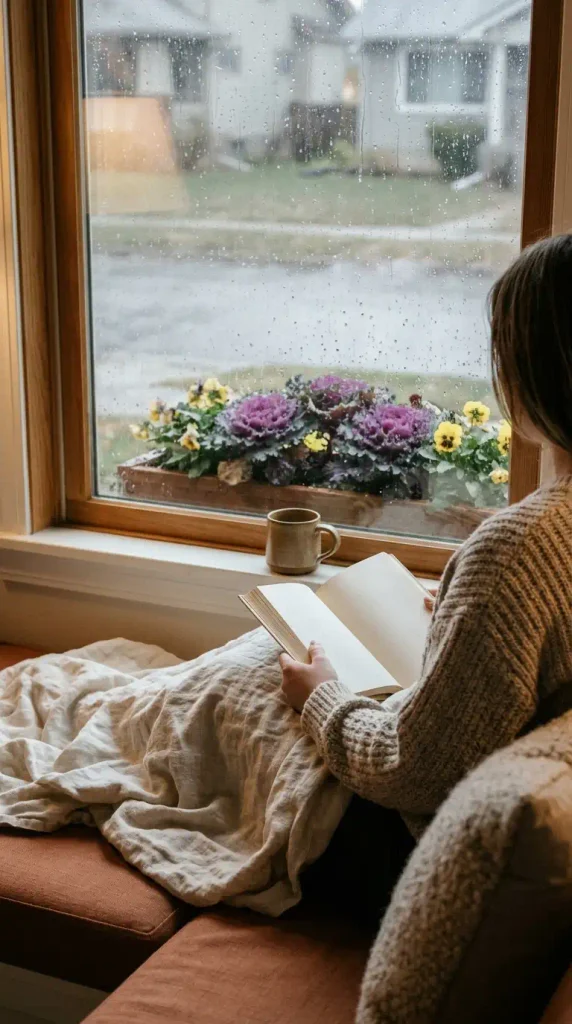 View from a window seat over a book to a low fall window box of kale and pansies in the rain