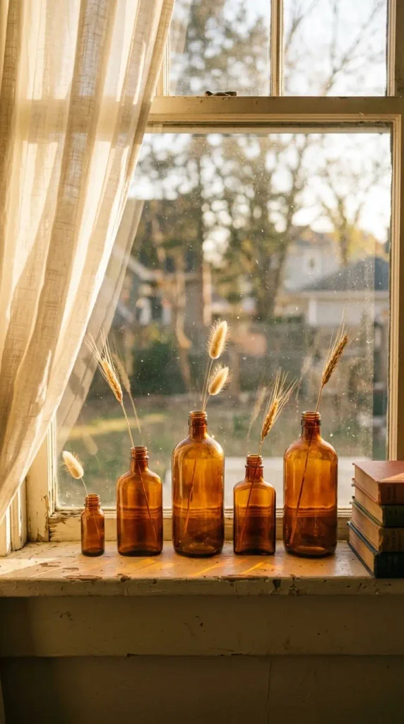 Vintage amber glass bottles glowing on a sunny windowsill with dried wheat stems