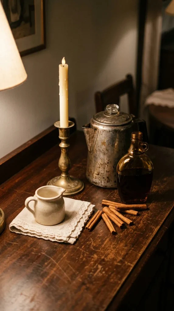 Vintage percolator, brass candlestick, and amber glass bottle on a thrifted fall coffee bar