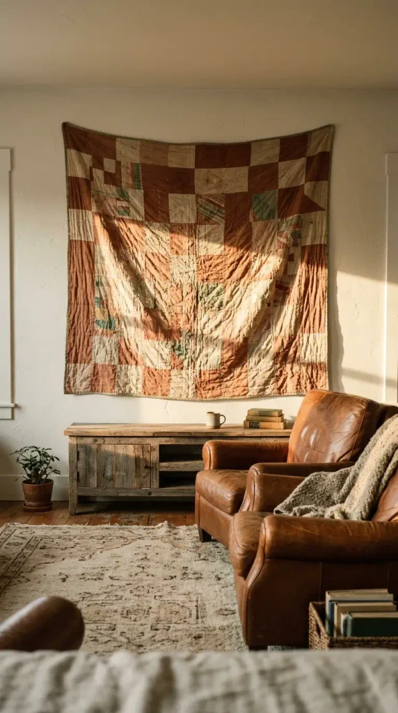 Vintage quilt above a wood console as a fireplace-free focal point in a cabin living room