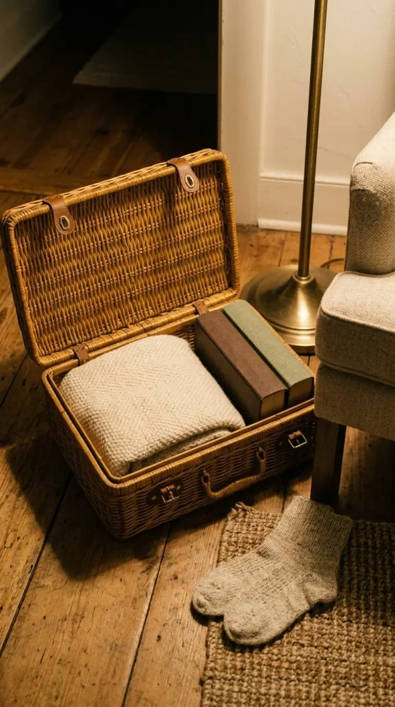 Vintage wicker picnic basket holding a wool throw and books beside a reading chair