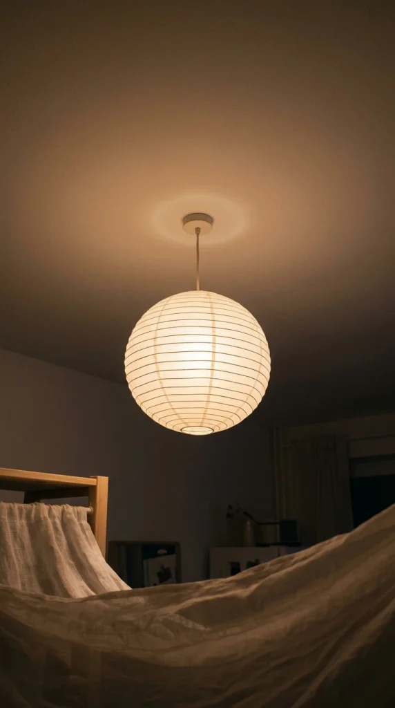 Warm 2700K glow through a white rice-paper globe pendant at night in a Japandi interior
