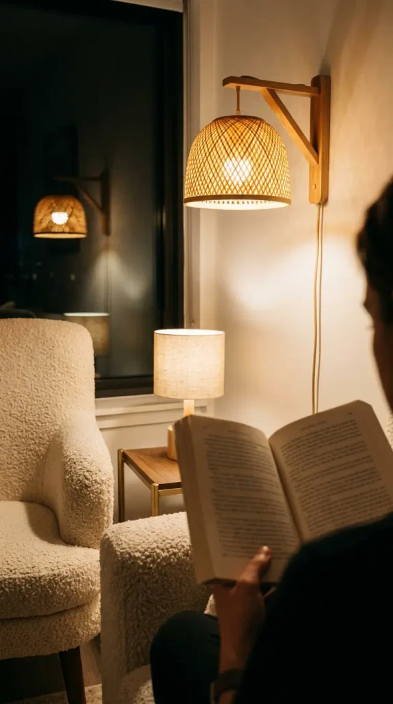 Warm 2700K wall lamp and table lamp lighting a book in a one-window light academia apartment corner