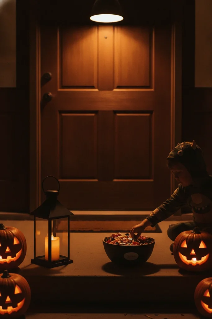 Warm lantern and porch light on a Halloween door at night with a child reaching for candy