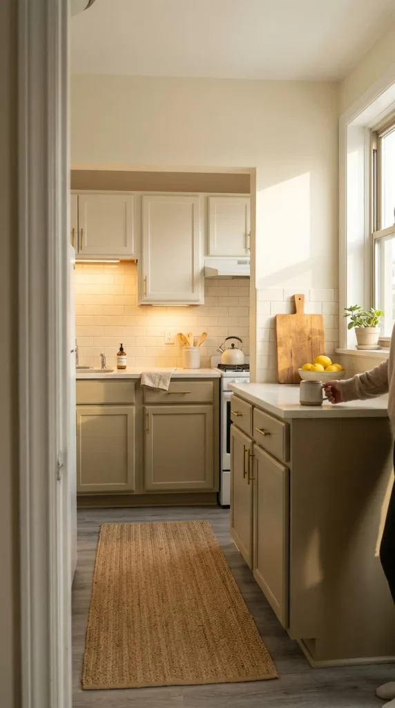 Warm neutral kitchen with khaki lower cabinets, warm white uppers, brass pulls, and a jute-look runner