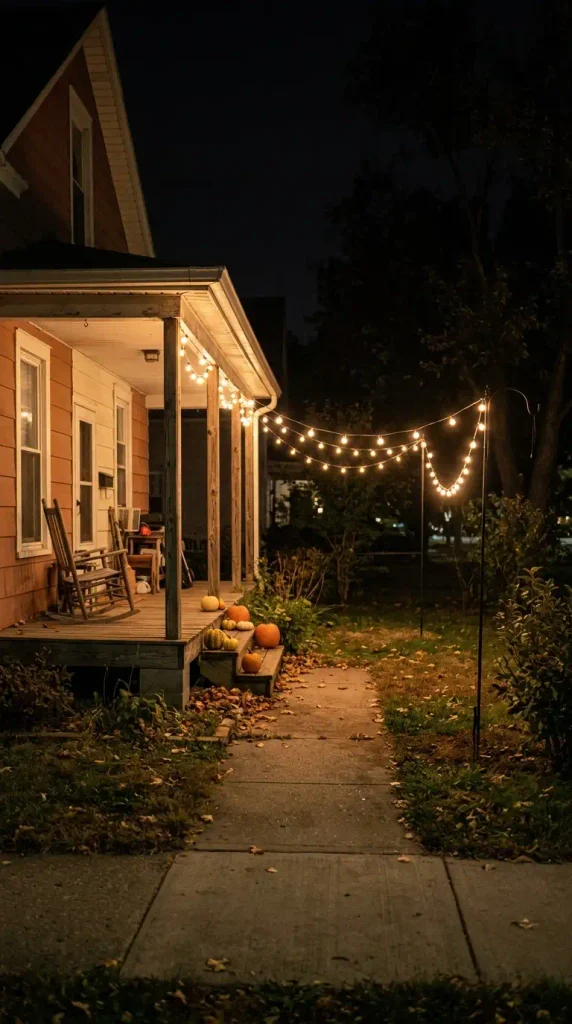 Warm white string light canopy over a small porch, a simple Halloween porch decor idea