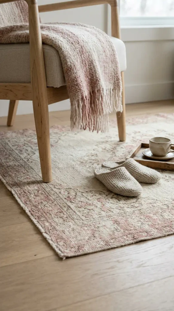 Washable cream rug under an armchair defining a light academia reading corner in a small apartment