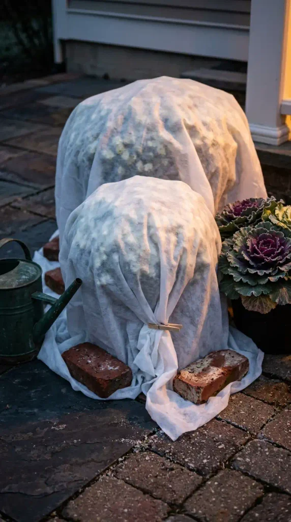 White frost cloth weighted with bricks over potted mums before a fall frost night