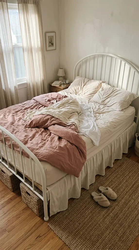 White metal spindle bed with a gathered bed skirt in a small English cottage bedroom