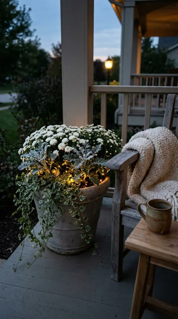 White mum fall planter with warm fairy lights glowing beside a porch chair at blue hour