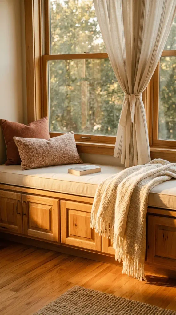 Window seat reading nook made from a freestanding storage bench with a cushion and pillows