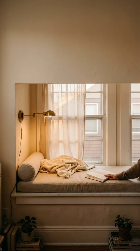Window sill reading nook with a linen cushion, bolster, wool throw, and a lit swing-arm lamp at golden hour